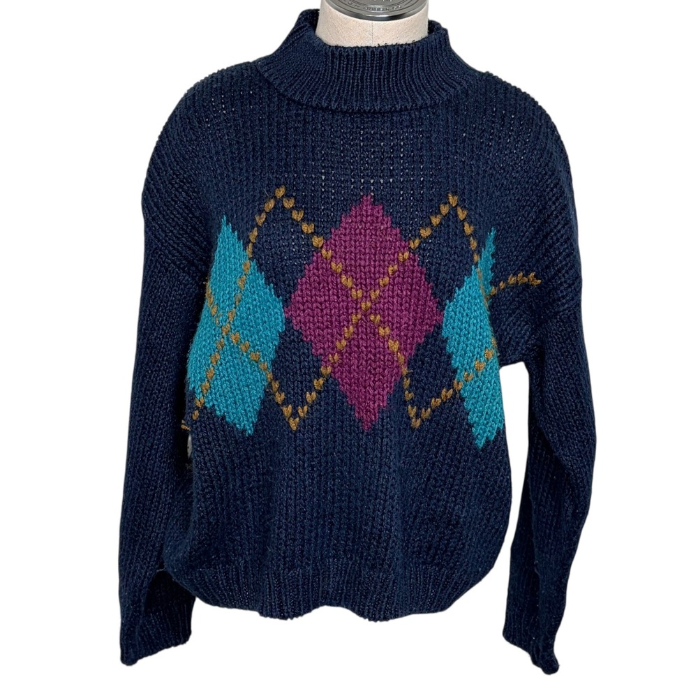 Vintage‎ Currants Hand Knit Navy Blue Argyle Knit Mock Neck Sweater Preppy Y2K